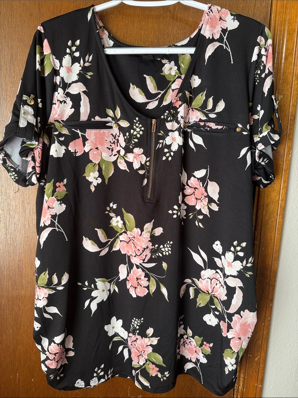 Floral Zip-Front Women’s Maternity Top - Black with Pink Flowers